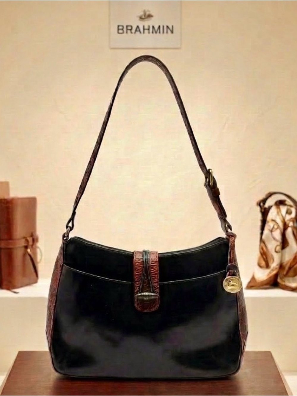 Brahmin Black and Brown Leather Crossbody Bag